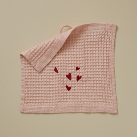 PARURE DE BAIN EN NID D'ABEILLE JOLIS COEURS ROSE