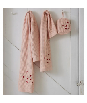 PARURE DE BAIN EN NID D'ABEILLE JOLIS COEURS ROSE