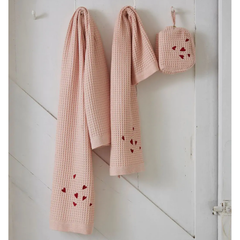 PARURE DE BAIN EN NID D'ABEILLE JOLIS COEURS ROSE PARURE DE BAIN EN NID D'ABEILLE JOLIS COEURS ROSE